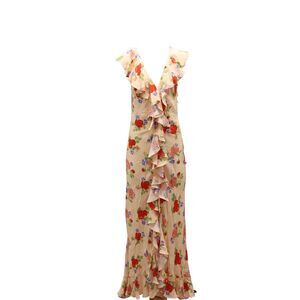De La Vali Jolene Floral-print Deep V-neck Ruffled Dress in Beige Silk Chiffon